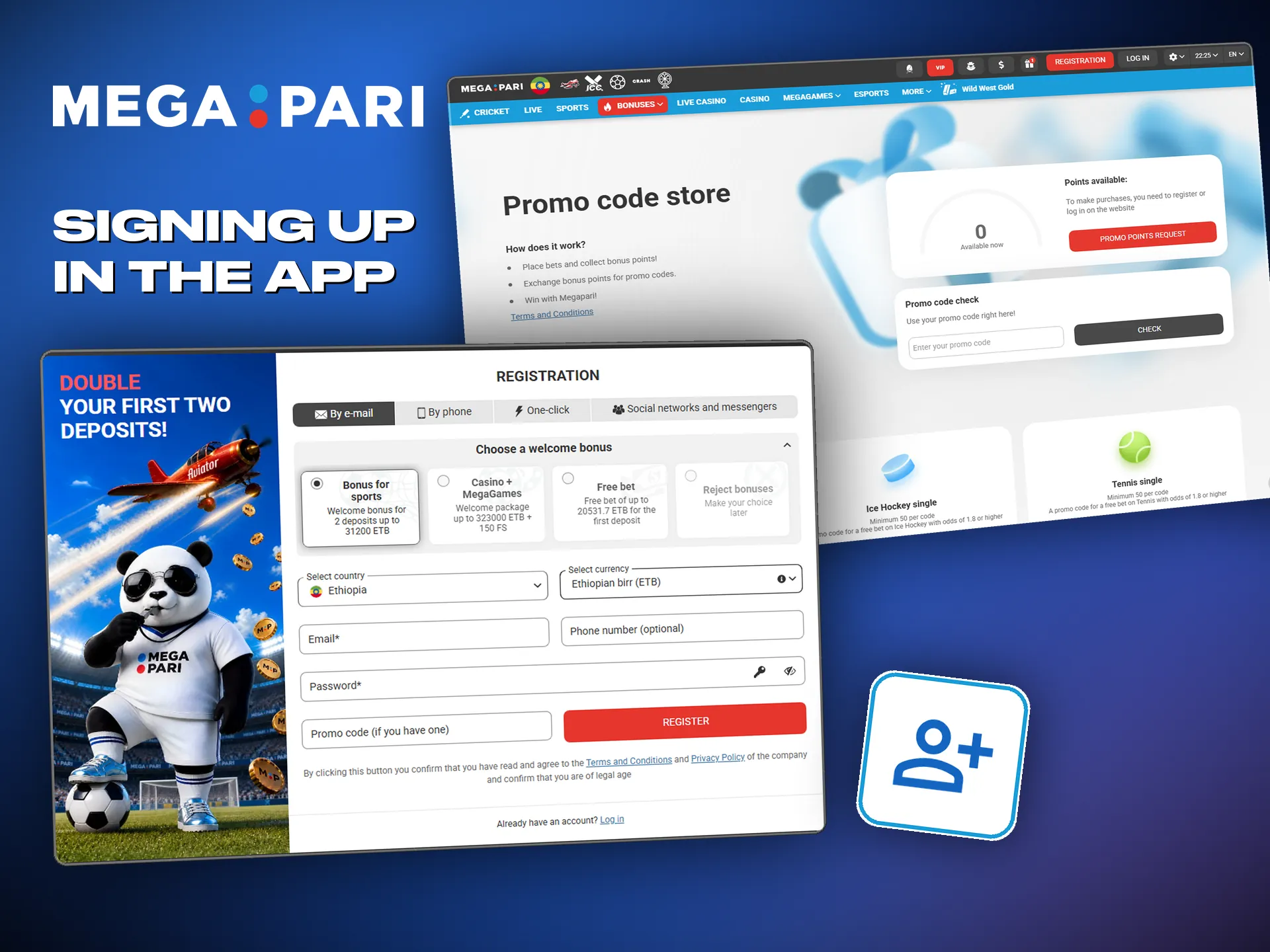 Signing up in the Megapari app, including the promo code field