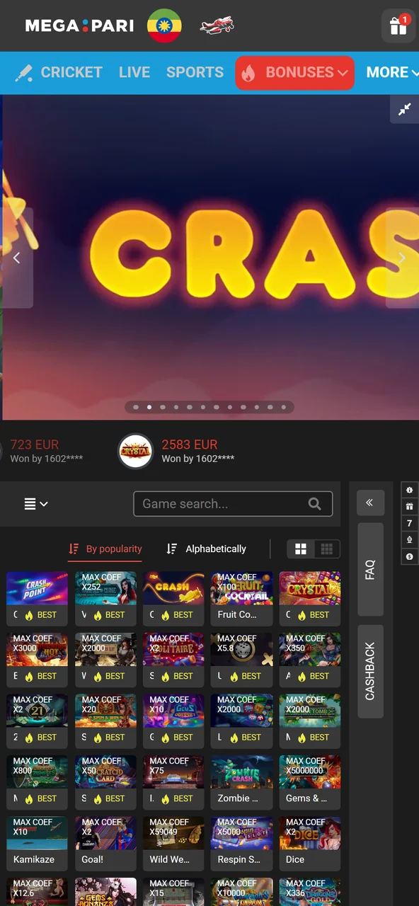 Browsing casino games in the Megapari mobile app