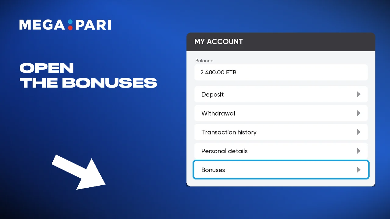 The bonuses menu in the Megapari account, with the welcome bonus and cashback