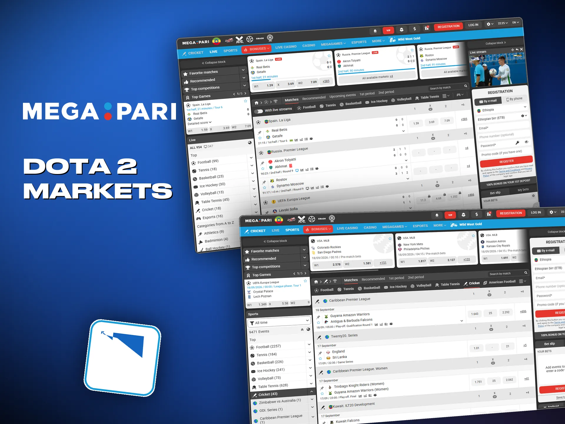 Megapari covers Dota 2 first blood and match duration markets.