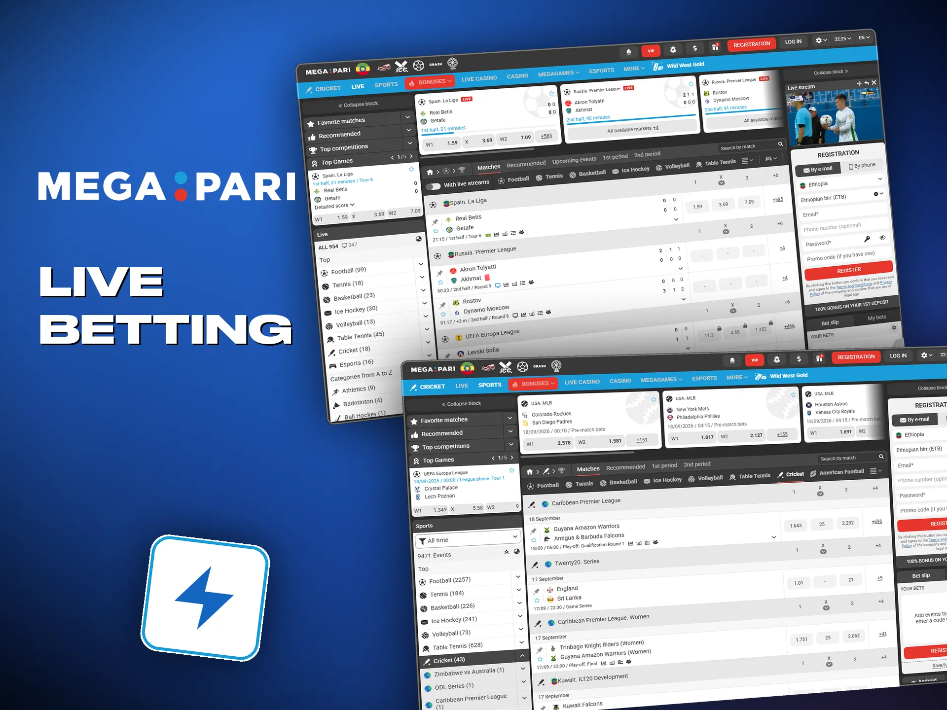 Live betting at Megapari starts right away, with the stream alongside.