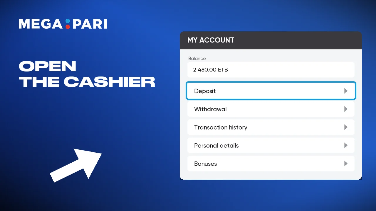 Opening the Megapari deposit menu after logging in