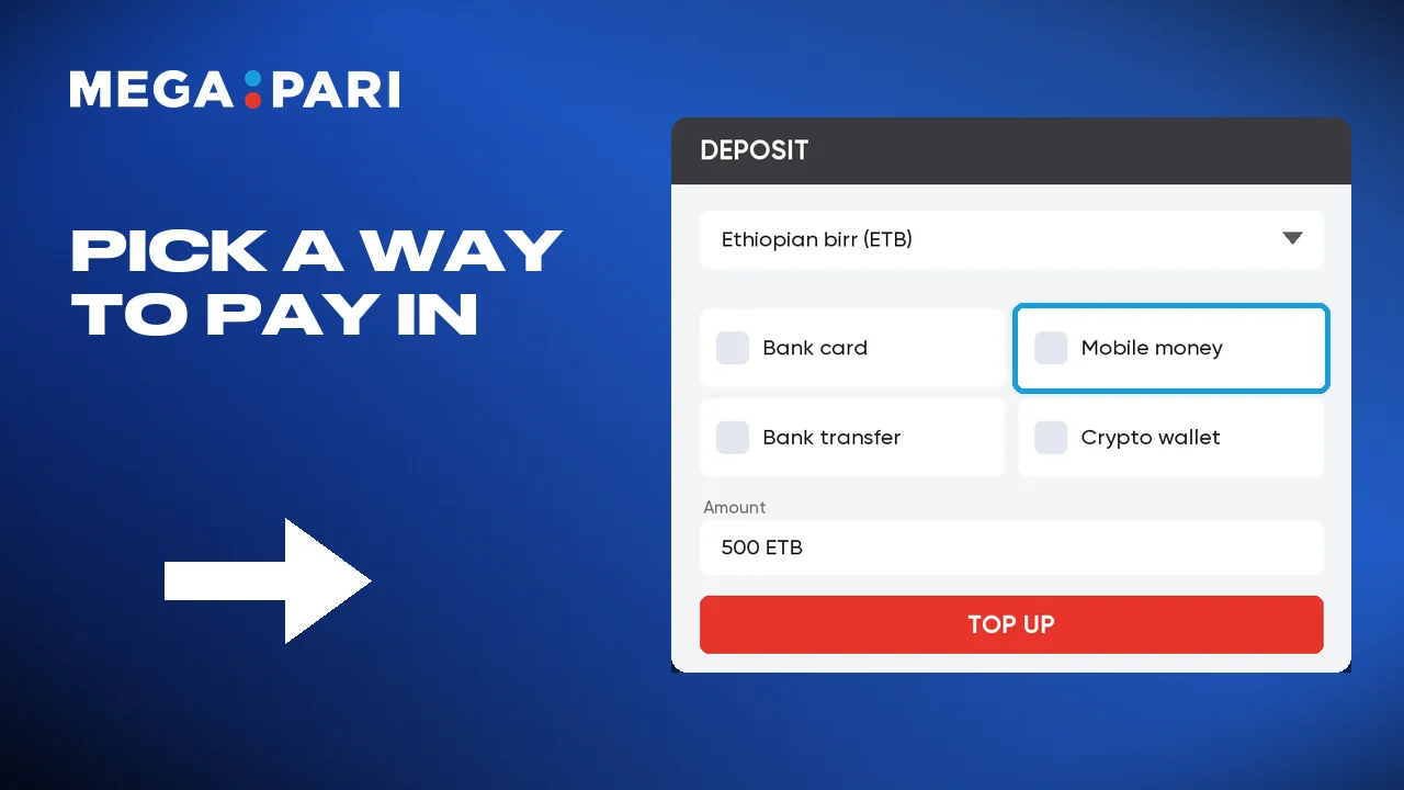 Top up Megapari with crypto or an e-wallet.