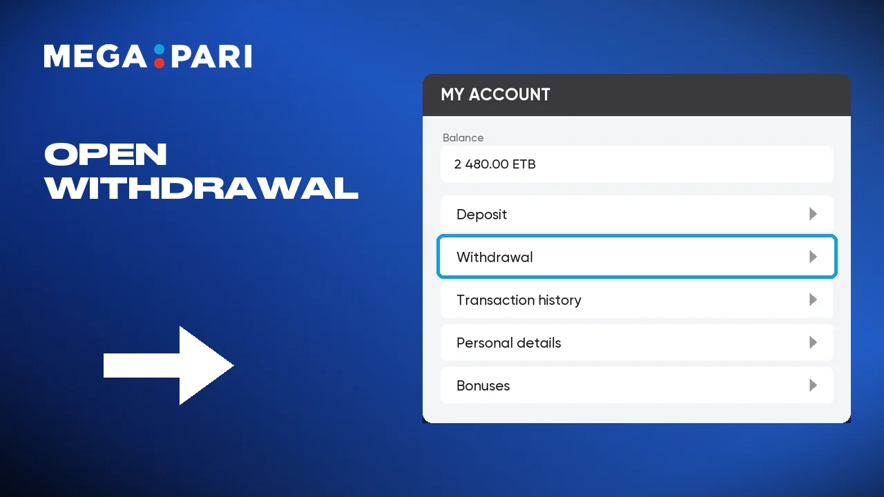 Opening the Megapari withdrawal menu after logging in