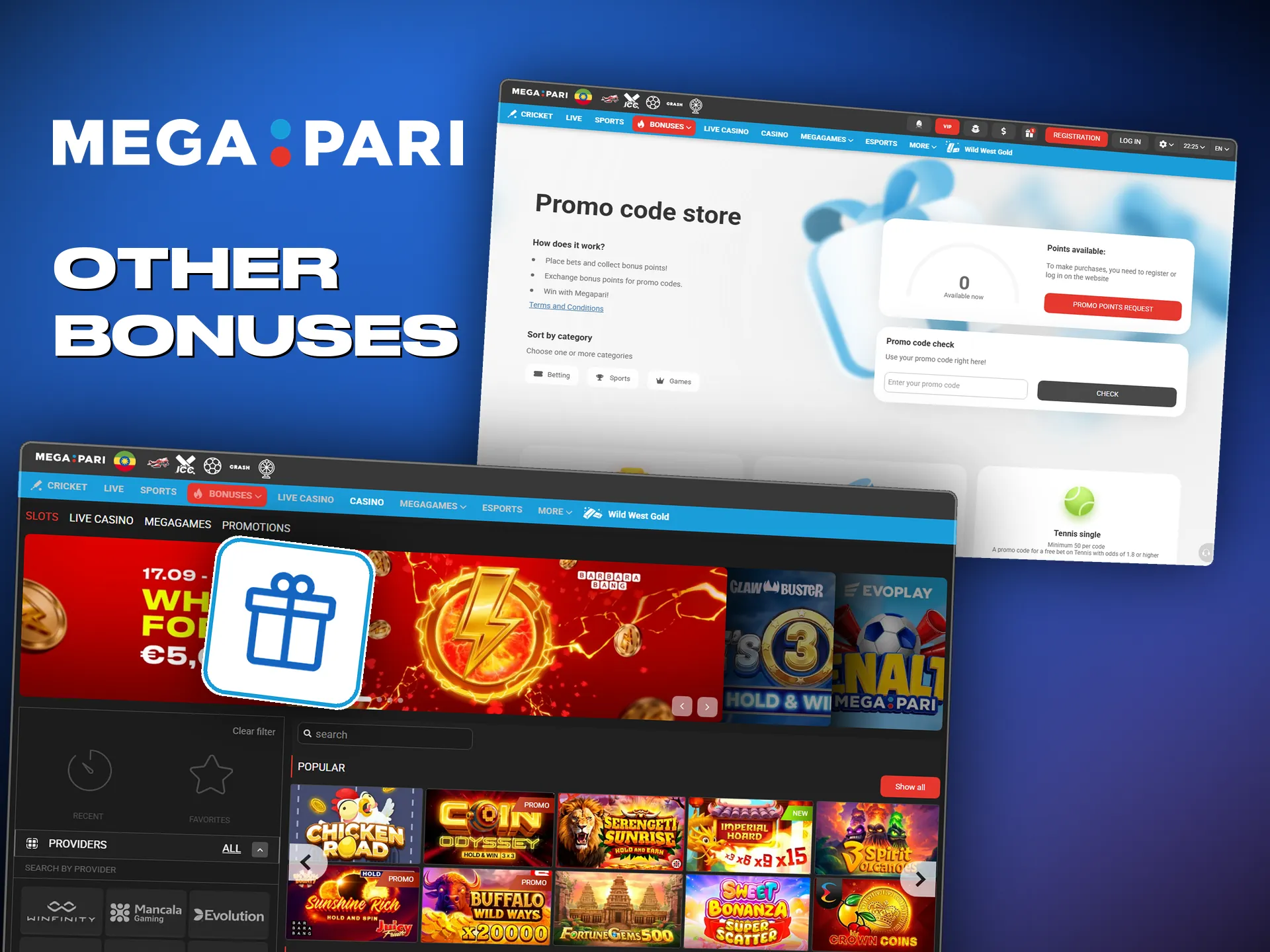 Existing players get cashback and reload bonuses at Megapari too.