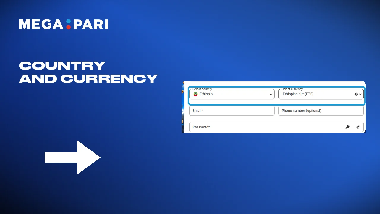 Choose your country and currency at Megapari to finish setting up.