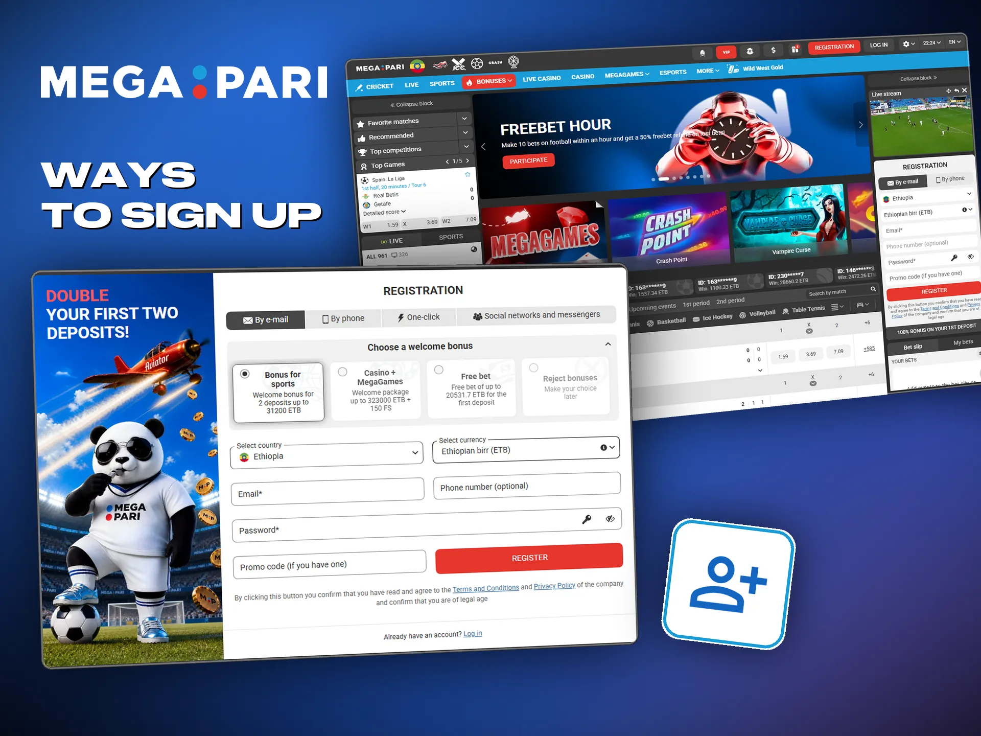 Megapari registration by phone, by email or through a social account.